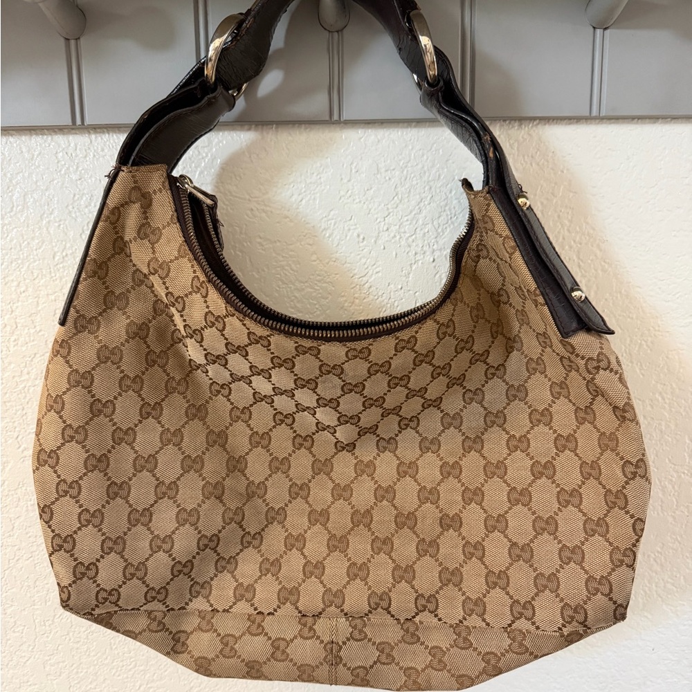 Gucci Beige Brown GG Canvas Shoulder Bag with Dark Brown Trim